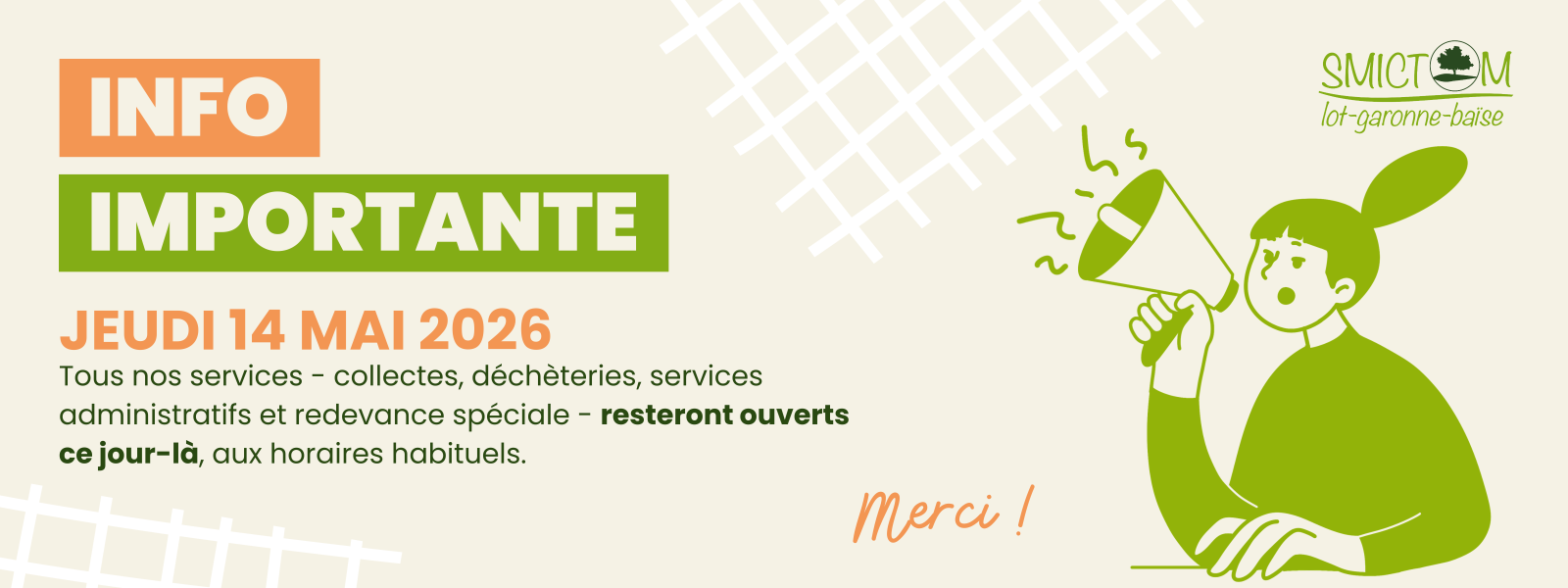 SMICTOM LGB - Ouverture des services jeudi 14 mai 2026