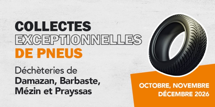 SMICTOM - Collecte exceptionnelle de pneus 2026 - Déchèteries Damazan, Barbaste, Mézin, Prayssas